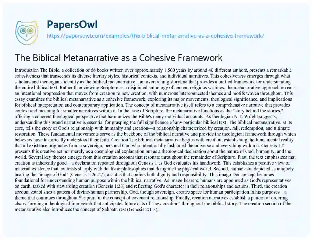 Essay on The Biblical Metanarrative as a Cohesive Framework