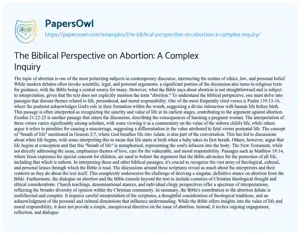 Essay on The Biblical Perspective on Abortion: a Complex Inquiry