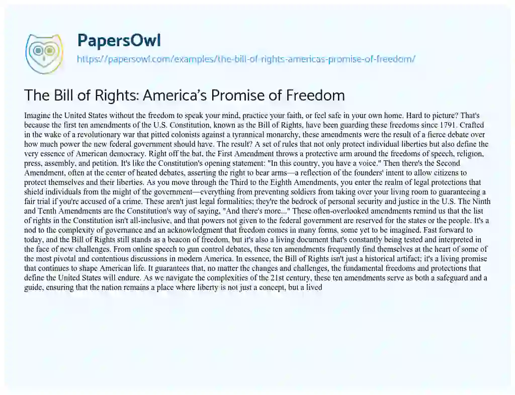 Essay on The Bill of Rights: America’s Promise of Freedom