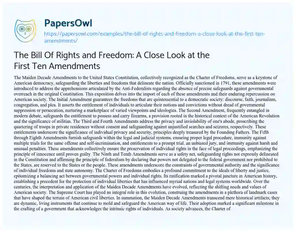 Essay on The Bill of Rights and Freedom: a Close Look at the First Ten Amendments