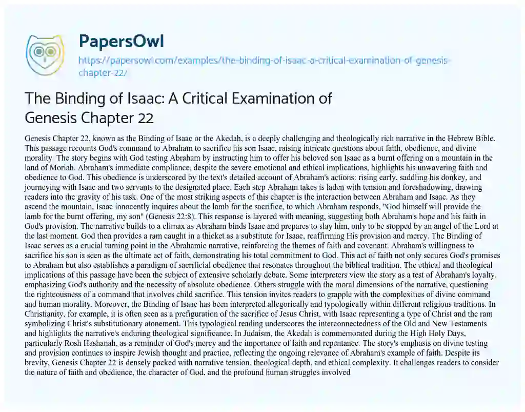 Essay on The Binding of Isaac: a Critical Examination of Genesis Chapter 22