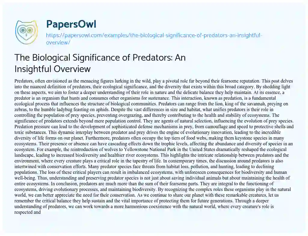 Essay on The Biological Significance of Predators: an Insightful Overview