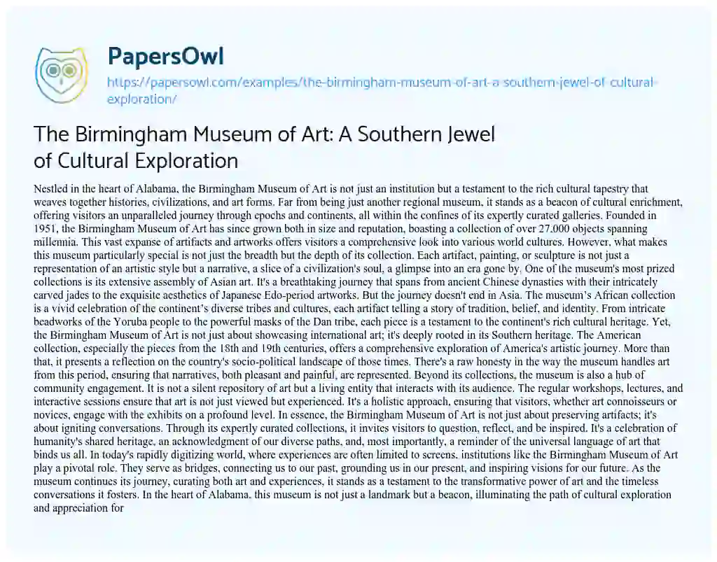 Essay on The Birmingham Museum of Art: a Southern Jewel of Cultural Exploration