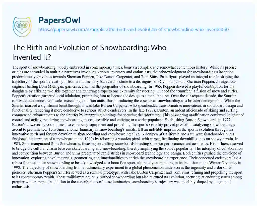 Essay on The Birth and Evolution of Snowboarding: who Invented It?