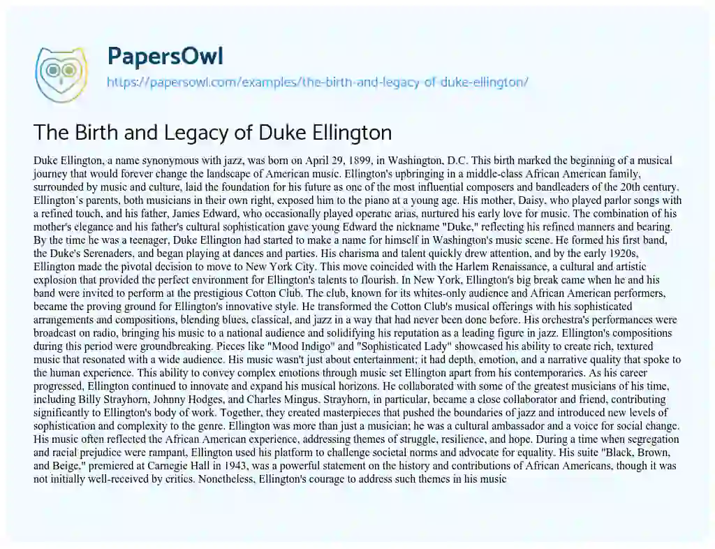 Essay on The Birth and Legacy of Duke Ellington