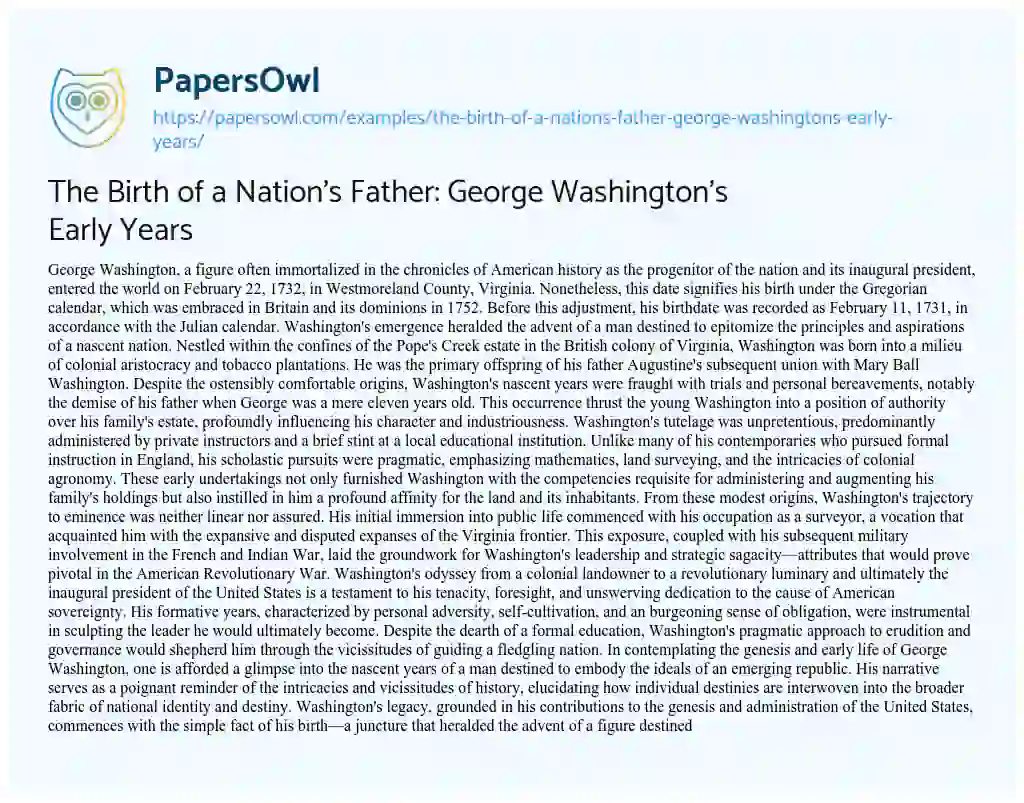 Essay on The Birth of a Nation’s Father: George Washington’s Early Years
