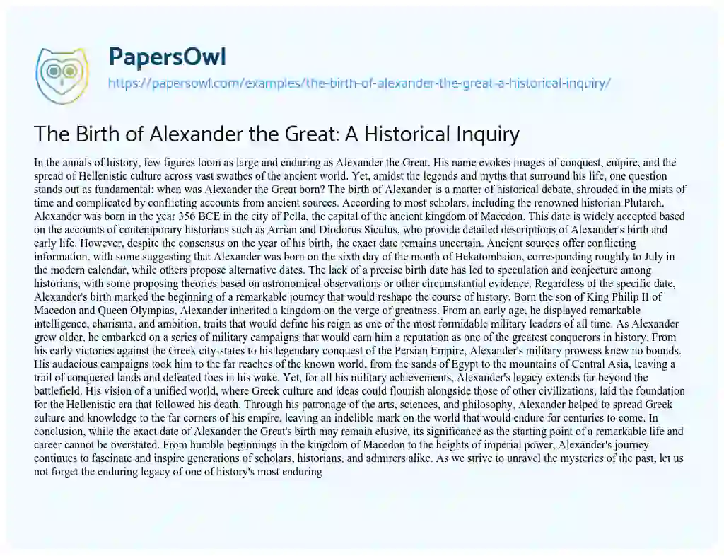 Essay on The Birth of Alexander the Great: a Historical Inquiry