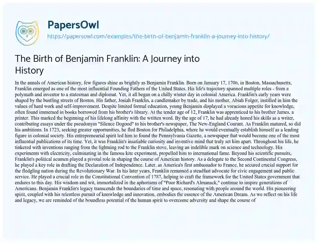 Essay on The Birth of Benjamin Franklin: a Journey into History