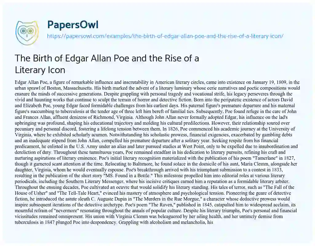 Essay on The Birth of Edgar Allan Poe and the Rise of a Literary Icon