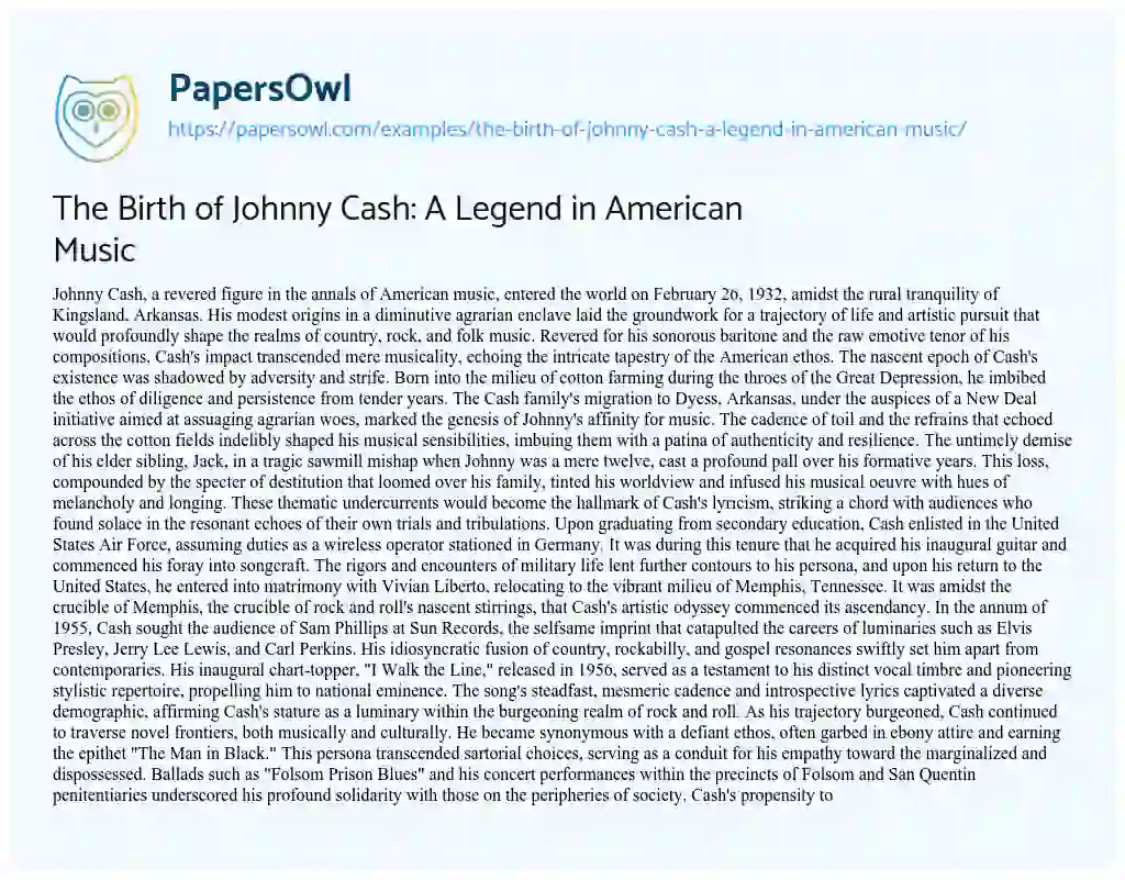 Essay on The Birth of Johnny Cash: a Legend in American Music