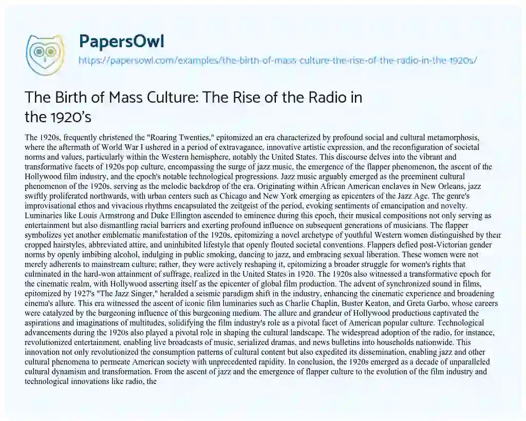 Essay on The Birth of Mass Culture: the Rise of the Radio in the 1920’s