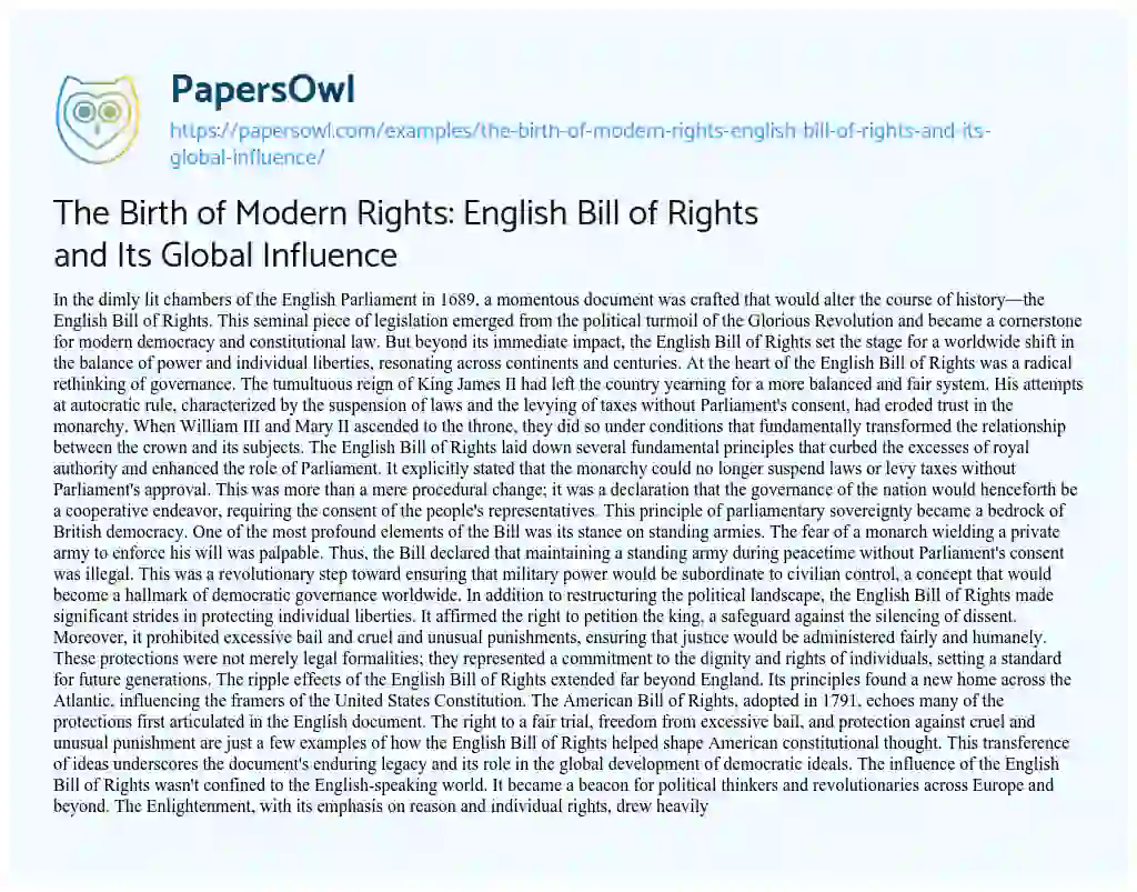 Essay on The Birth of Modern Rights: English Bill of Rights and its Global Influence