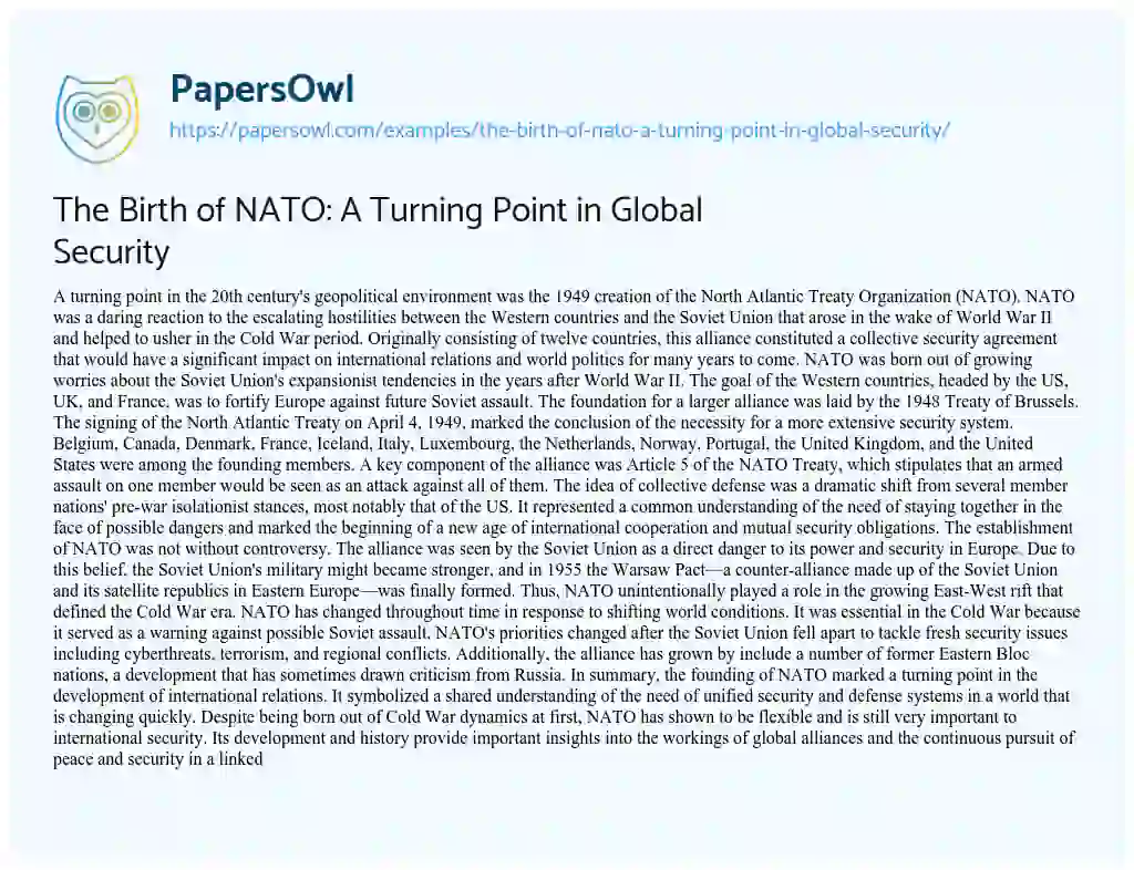 Essay on The Birth of NATO: a Turning Point in Global Security