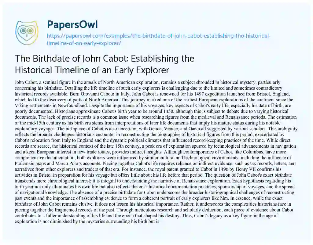 Essay on The Birthdate of John Cabot: Establishing the Historical Timeline of an Early Explorer