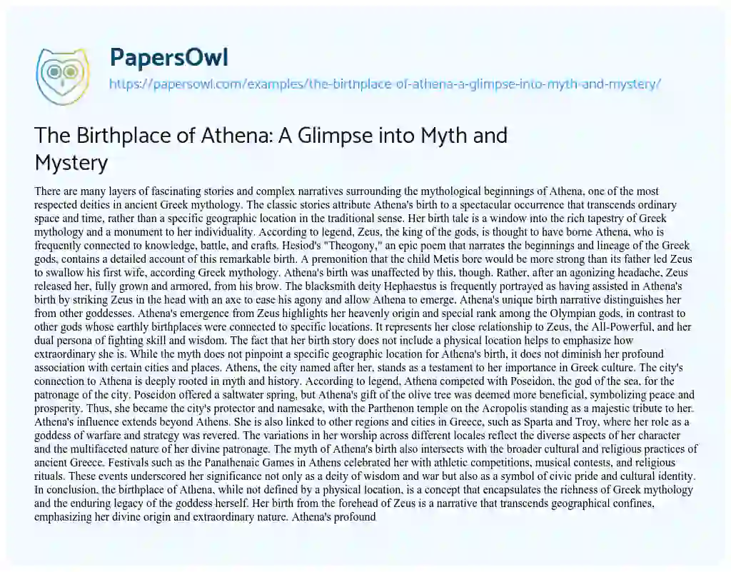 Essay on The Birthplace of Athena: a Glimpse into Myth and Mystery