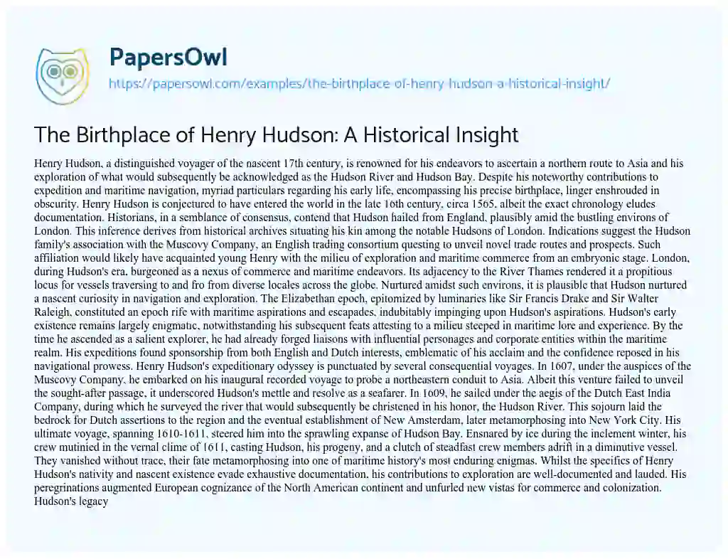 Essay on The Birthplace of Henry Hudson: a Historical Insight