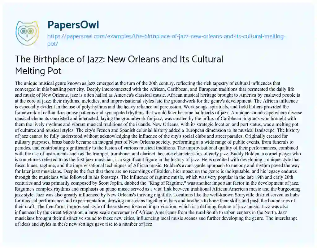 Essay on The Birthplace of Jazz: New Orleans and its Cultural Melting Pot