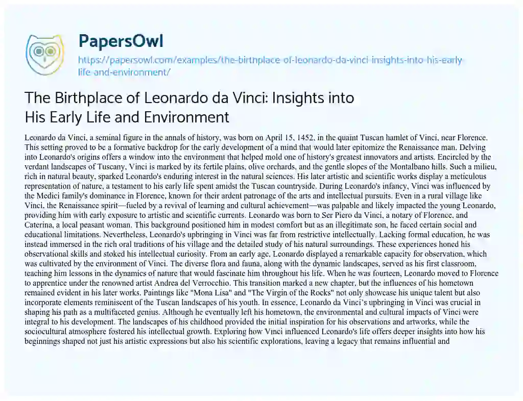Essay on The Birthplace of Leonardo Da Vinci: Insights into his Early Life and Environment