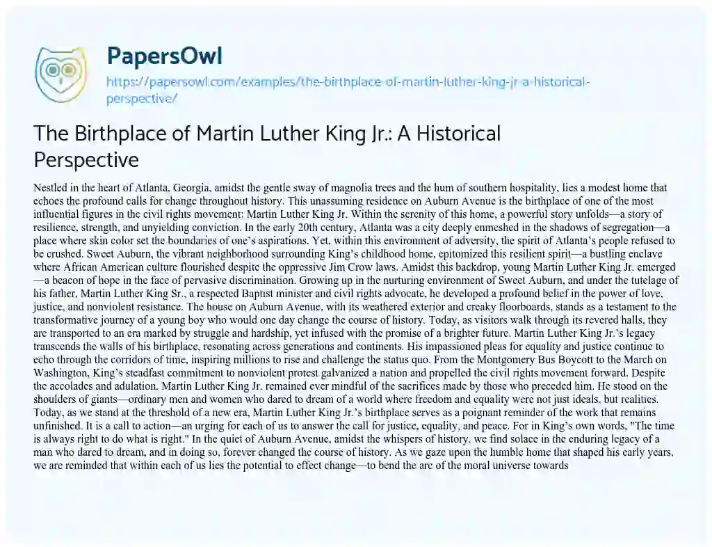 Essay on The Birthplace of Martin Luther King Jr.: a Historical Perspective