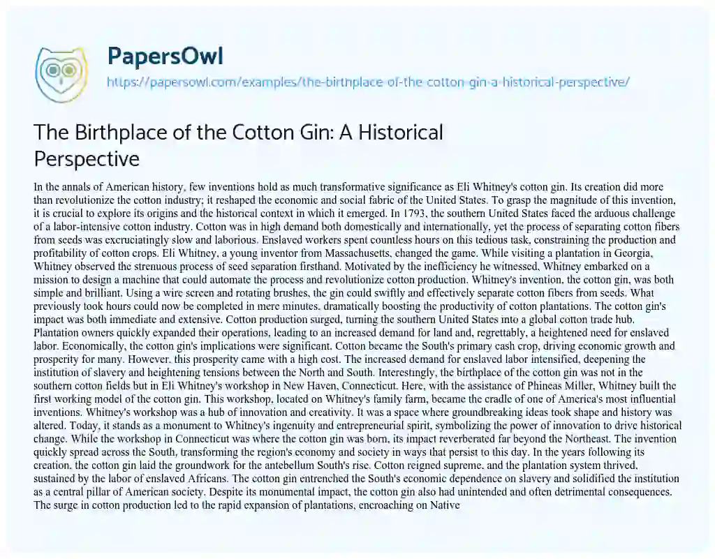 Essay on The Birthplace of the Cotton Gin: a Historical Perspective