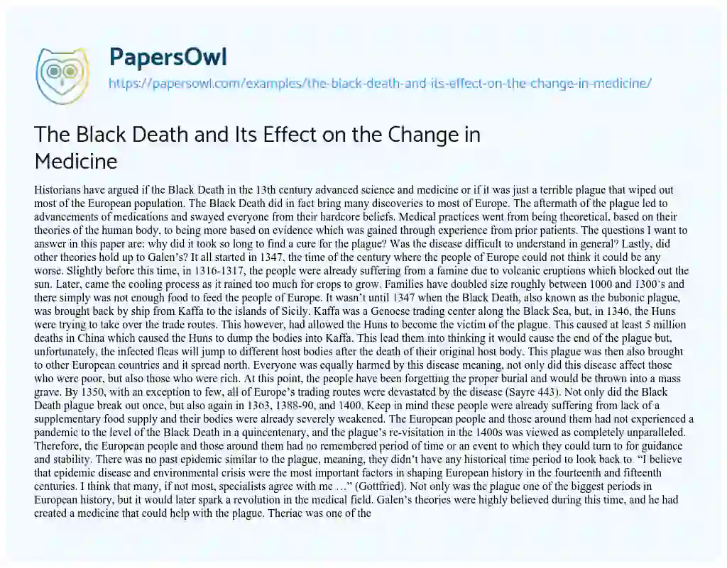 Essay on The Black Death and its Effect on the Change in Medicine 