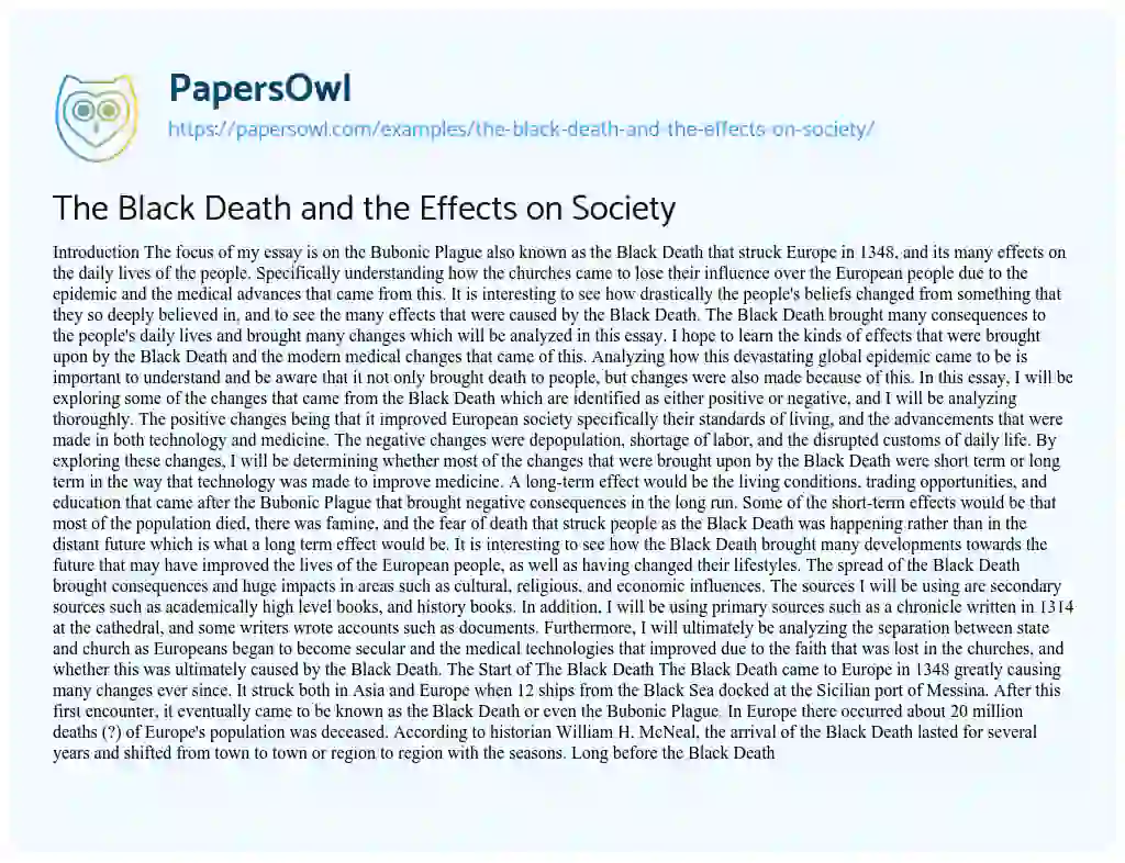 Essay on The Black Death and the Effects on Society