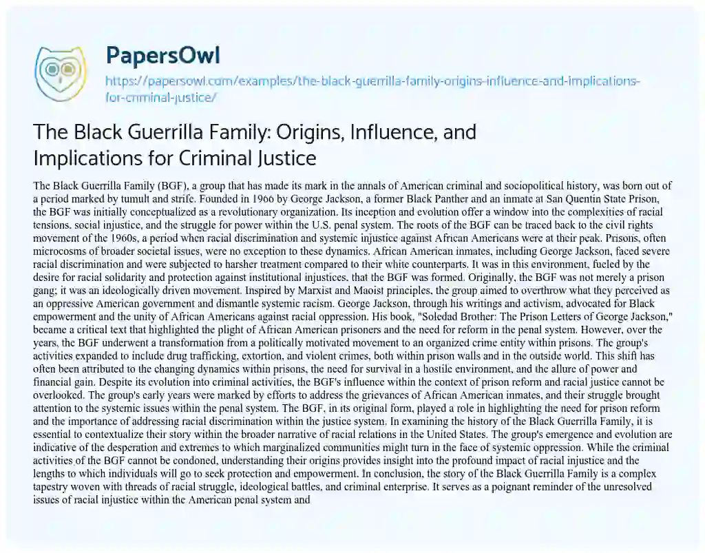 Essay on The Black Guerrilla Family: Origins, Influence, and Implications for Criminal Justice