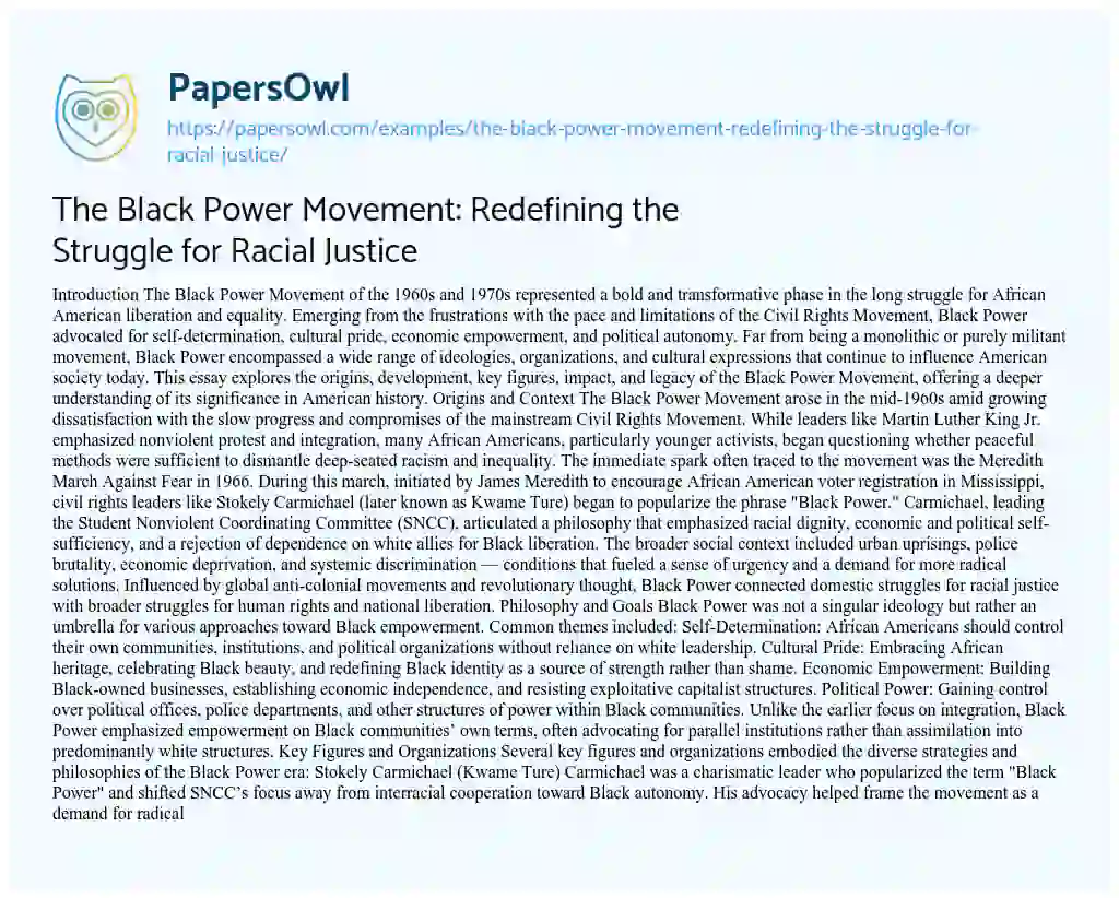Essay on The Black Power Movement: Redefining the Struggle for Racial Justice