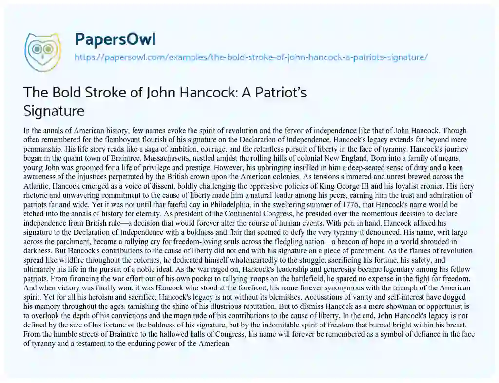 Essay on The Bold Stroke of John Hancock: a Patriot’s Signature