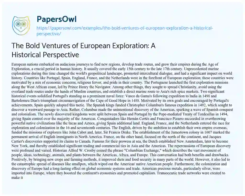 Essay on The Bold Ventures of European Exploration: a Historical Perspective