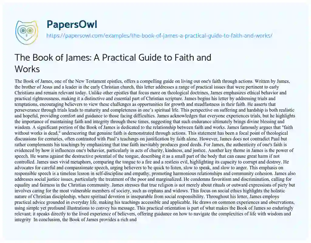 Essay on The Book of James: a Practical Guide to Faith and Works
