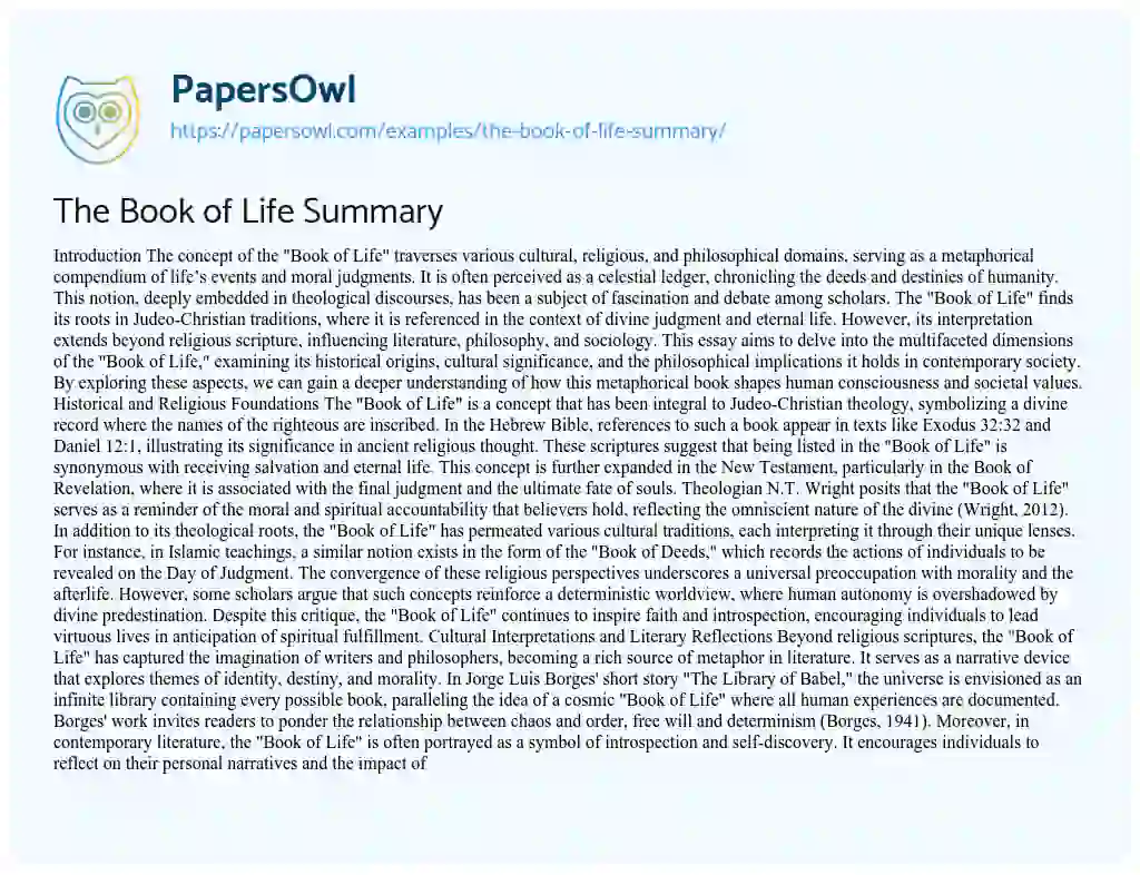 Essay on The Book of Life Summary