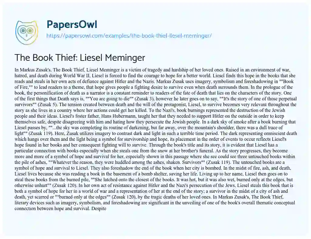 Essay on The Book Thief: Liesel Meminger