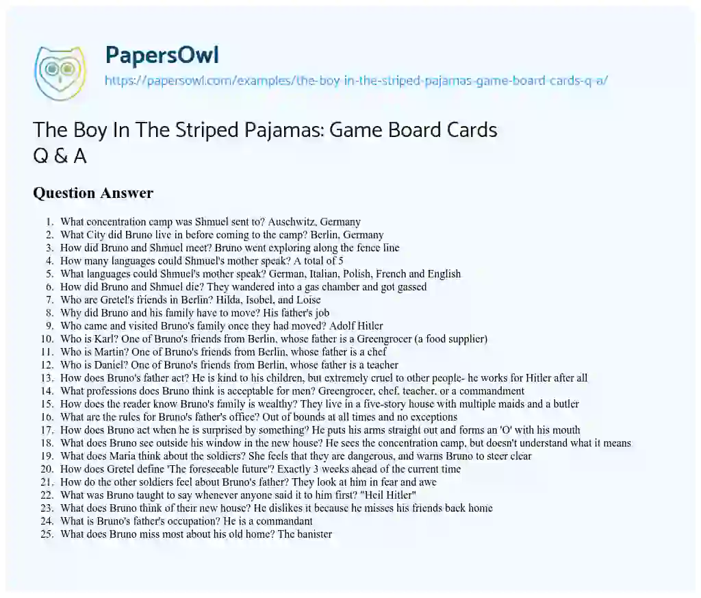 Essay on The Boy in the Striped Pajamas: Game Board Cards Q & a