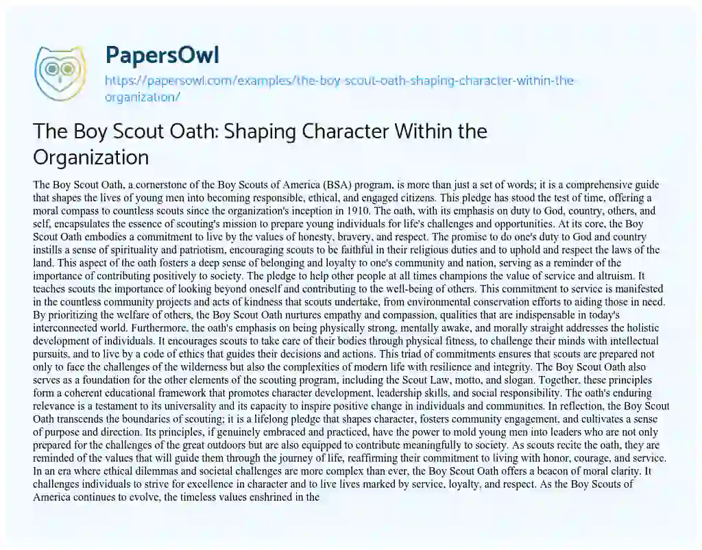 Essay on The Boy Scout Oath: Shaping Character Within the Organization