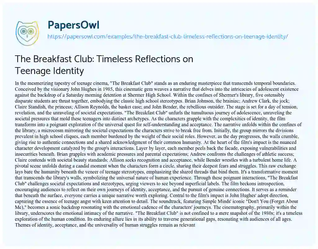Essay on The Breakfast Club: Timeless Reflections on Teenage Identity