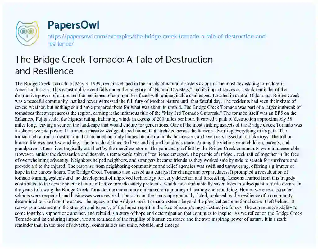 Essay on The Bridge Creek Tornado: a Tale of Destruction and Resilience