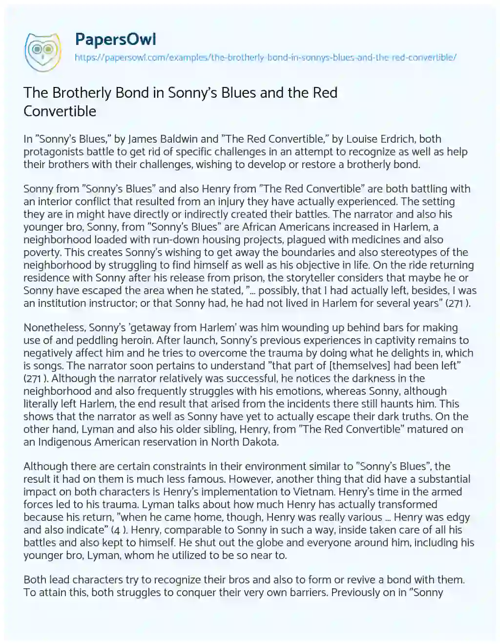 Essay on The Brotherly Bond in Sonny’s Blues and the Red Convertible