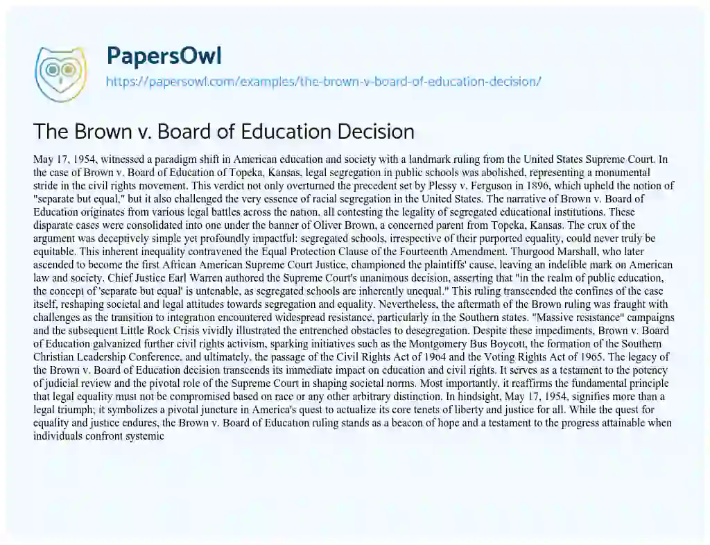 Essay on The Brown V. Board of Education Decision