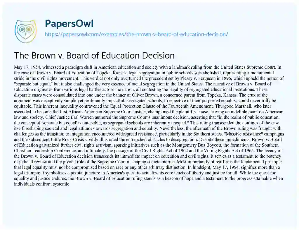 Essay on The Brown v. Board of Education Decision