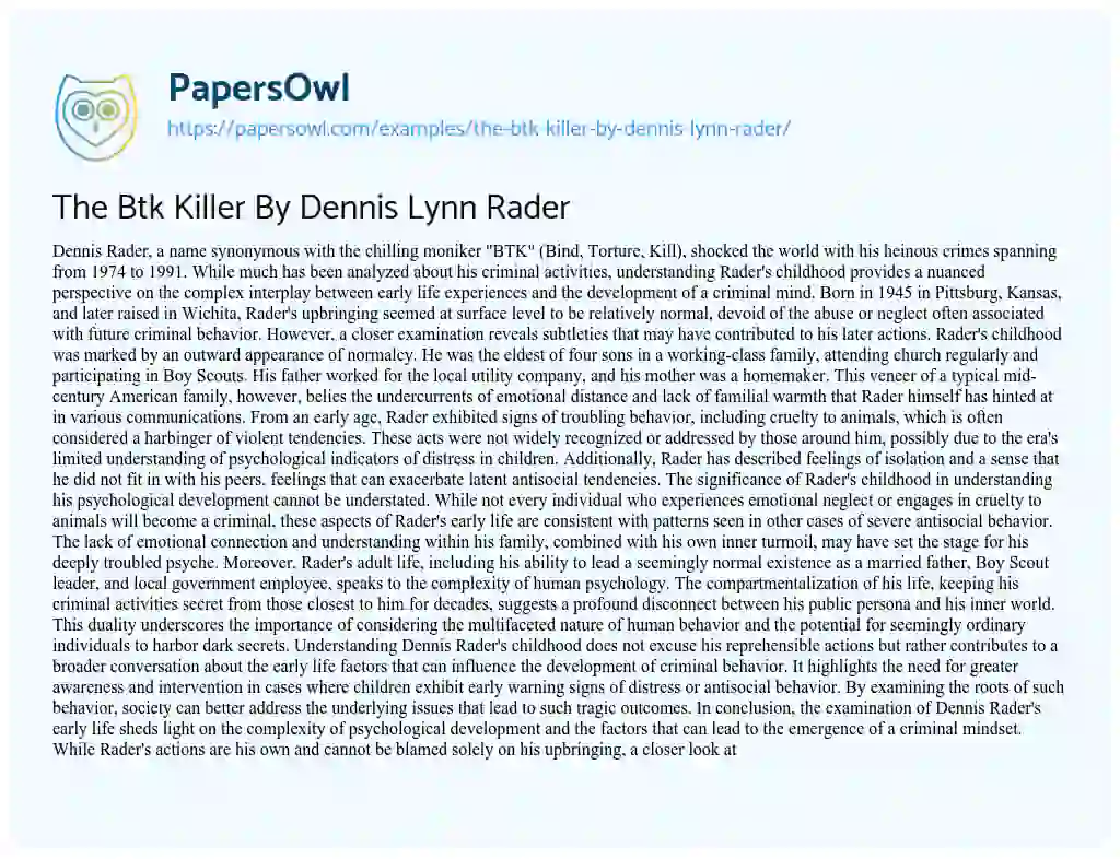 Essay on The Btk Killer by Dennis Lynn Rader