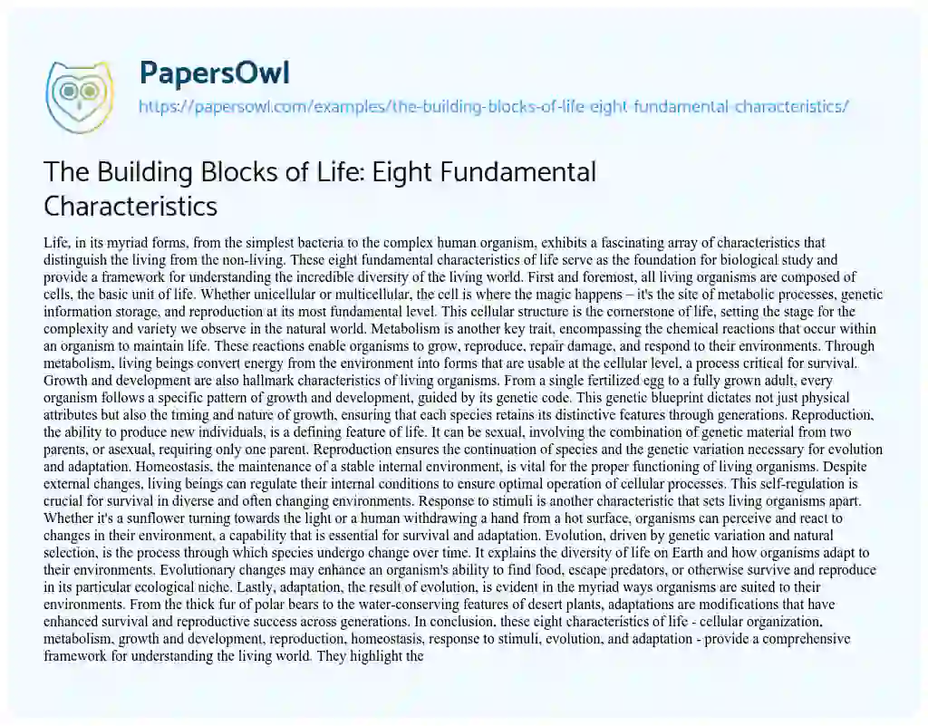 Essay on The Building Blocks of Life: Eight Fundamental Characteristics
