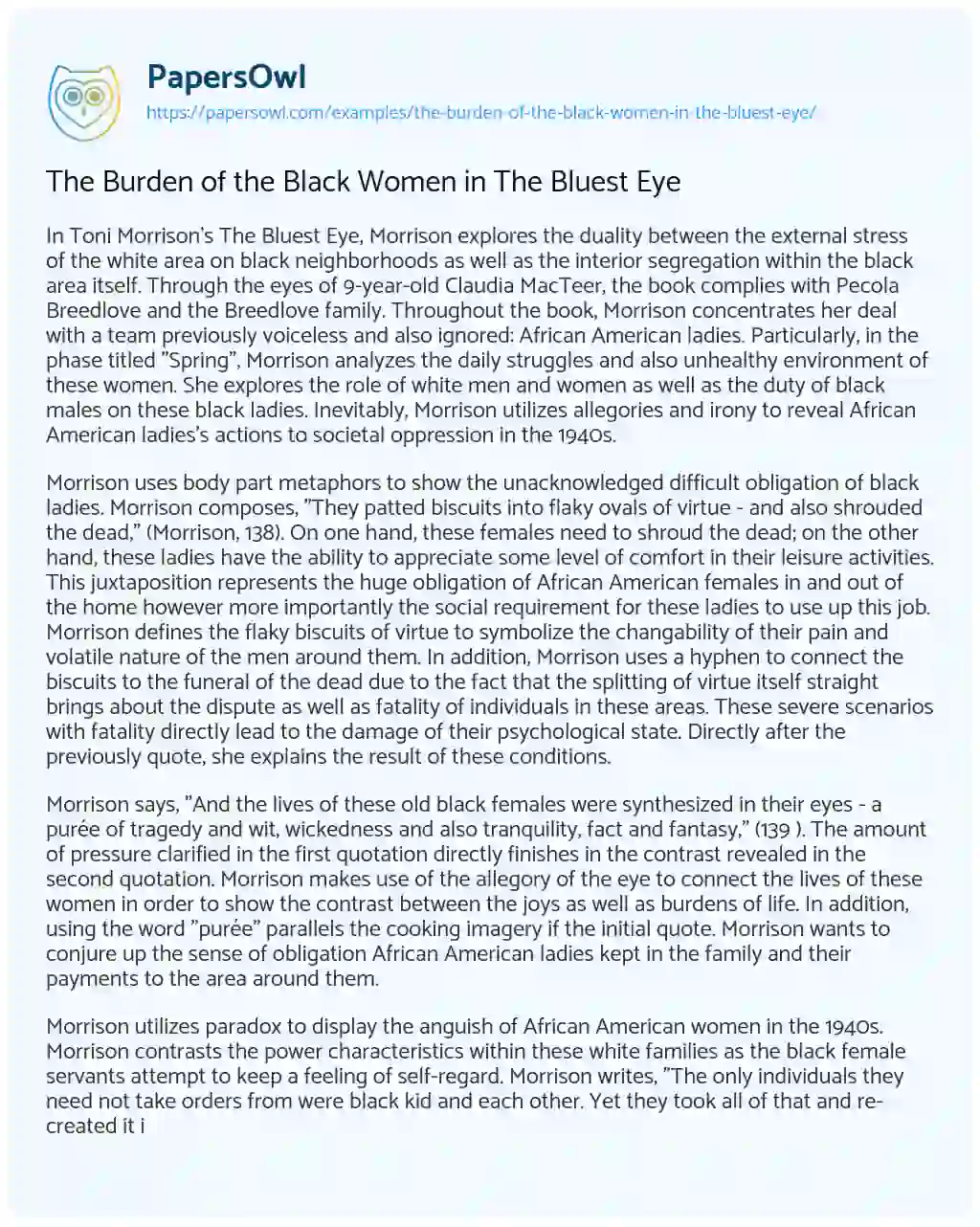 Essay on The Burden of the Black Women in the Bluest Eye