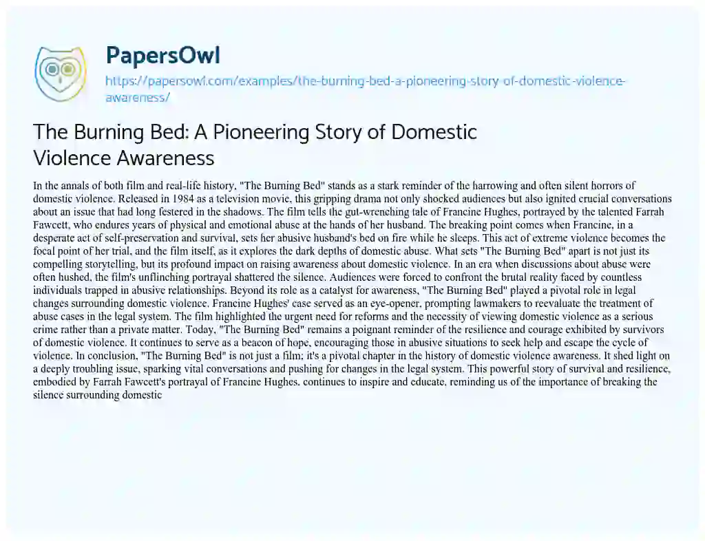 Essay on The Burning Bed: a Pioneering Story of Domestic Violence Awareness