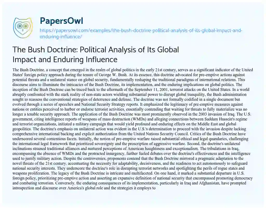Essay on The Bush Doctrine: Political Analysis of its Global Impact and Enduring Influence