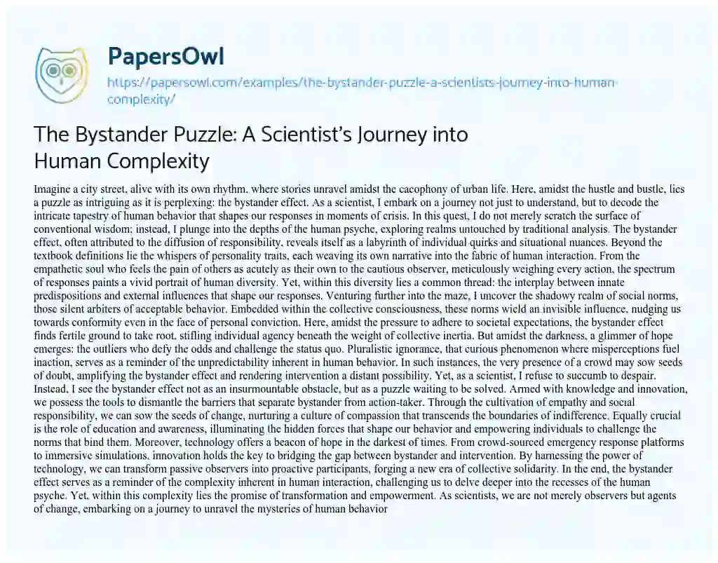 Essay on The Bystander Puzzle: a Scientist’s Journey into Human Complexity