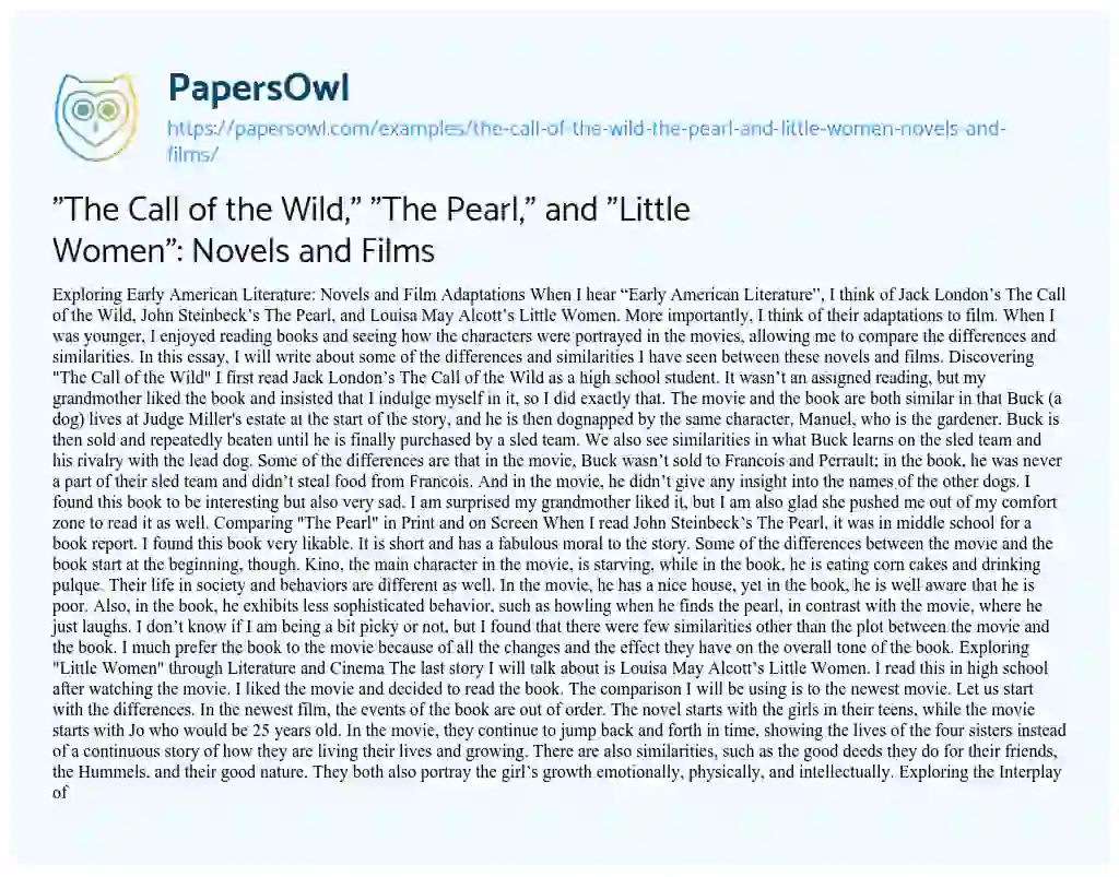 Essay on “The Call of the Wild,” “The Pearl,” and “Little Women”: Novels and Films