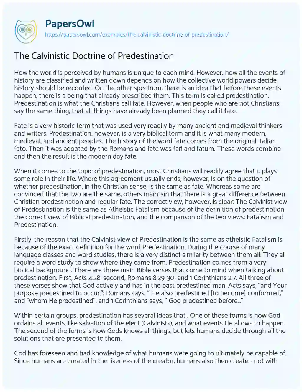 Essay on The Calvinistic Doctrine of Predestination