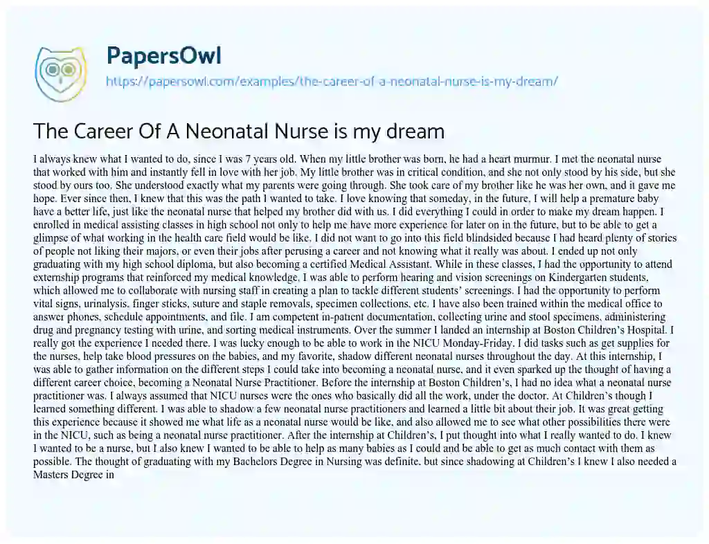 Essay on The Career of a Neonatal Nurse is my Dream
