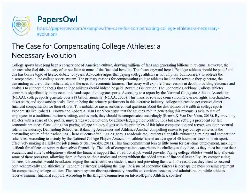 Essay on The Case for Compensating College Athletes: a Necessary Evolution